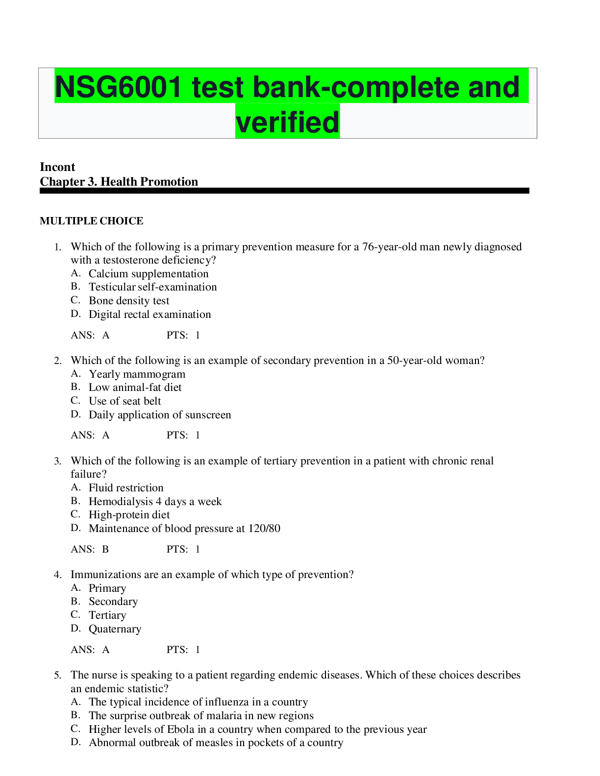 Recommended document preview for NSG6001 test bank-complete and verified